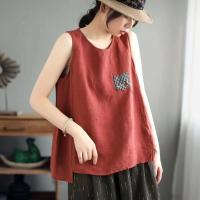 ราคา Cotton and linen loose fitting sleeveless patchwork womens tank top (19365026911)