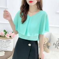 ราคา เสื้อลำลองคอวีแขนปีกค้างคาวของผู้หญิงเสื้อเบลาส์ผ้าชีฟองบางสีพื้นแบบสวมศีรษะทรงหลวมใส่ได้ทุกโอกาสฤดูร้อนปี2022 (14382809625)