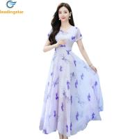 ราคา LeadingStar Fast Delivery Women Summer Short Sleeves Dress Elegant Floral Printing Round Neck Midi Skirt High Waist A line Skirt (20666016587)
