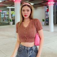 ราคา loftyshop11เสื้อไหมพรมครอปคอวีจั๊มเเขน จั๊มเอวงานเกรดA (8039164894)