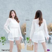 ราคา TW18737 set 3 ชิ้น เสื้อสายเดี่ยว เสื้อคลุมลูกไม้ กางเกงลูกไม้ขาสั้น (19590675789)