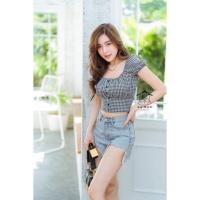ราคา Catriona Shop เสื้อครอป แขนตุ๊กตา ลายสก็อต แต่งกระดุมหน้า (15551077318)