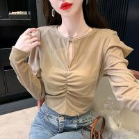 ราคา เสื้อกำมะหยี่อัดพลีทของผู้หญิงเสื้อเบลาส์อัดพลีทเปิดไหล่สำหรับ2023ฤดูใบไม้ร่วง (20091884015)