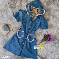 ราคา BS3661 เดรสผ้ายีนส์ กระดุมหน้า แขนพอง งานมีฮู้ดแต่งขอบลูกไม้ (19056407327)