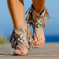 ราคา Retro Women Fringe Flower Wedges Shoes 2023 Solid Flock Beach Casual Sandals Women Summer Flip Flop Sandals (16765474113)
