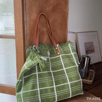 ราคา Korean version 2023 new summer womens bag large capacity canvas plaid tassel tote shoulder casual woven (20894780299)