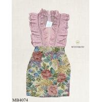 ราคา S XL เดรสสั้นแขนระบายลูกไม้ ตัดต่อกระโปรงผ้าทอลายดอกสวย MB4074 ICANDIDSHOP (15057597142)