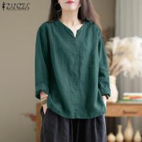 ราคา Stock Womens Vintage Cotton Long Sleeve V Neck Split Tops Bohemian Holiday Solid Blouse 8 Popular (20905331183)