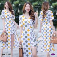 ราคา TW14045 จั๊มสูทก้านแก้วคอวีไขว้ลายจุด (5438250838)