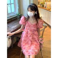 ราคา NOV Summer will be after dinner bubble sleeve V neck dress summer pink three dimensional rose petal temperament sweet skirt (16904560879)