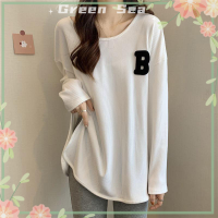 ราคา เสื้อยืดแบบหลวมลำลองแขนยาวเสื้อผู้หญิงคอกลมเสื้อยืดลายปักตัวอักษรสีเขียวน้ำทะเล (20394722924)