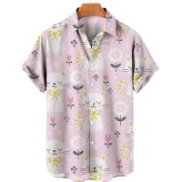 ราคา Summer Cat Print Hawaiian Beach Shirt For Men Plus Size Tops Loose Lapel Button Down Casual Mens Shirts European Size XS 5XL (21128618572)