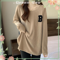 ราคา เสื้อยืดแบบหลวมลำลองแขนยาวเสื้อผู้หญิงคอกลมเสื้อยืดลายปักตัวอักษรสีเขียวน้ำทะเล (20394722933)