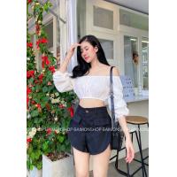 ราคา เสื้อครอปแขนยาว สม็อคปาดไหล่จั้มเอว น่ารัก ใสๆ ผ้าสวย ใส่เที่ยว ถ่ายรูปได้ฟิวแบบชิวๆ free size นางแบบใส่วินค้างานขายจริง (17201177330)