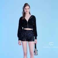ราคา CALLING COSTUME แจ็คเก็ตมีฮู้ดปักเลื่อม มีซับซิปหน้า Jacket CL185 กับ กางเกงปักเลื่อม มีซับเอวยืด Short CL186 (20490650490)