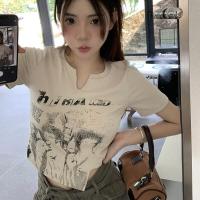 ราคา hanshi HOT FASHION American Retro Print Short Sleeve T shirt Summer Women V Neck Casual Crop Top (18492935096)