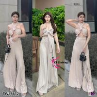 ราคา TW18672 set 2 ชิ้น เสื้อเกาะอกแต่งผูกโบว์ กางเกงขายาว (19360688055)