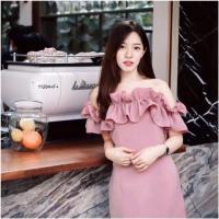 ราคา TW11284 เดรสปาดไหล่ระบายผ่าหน้า (1199032268)