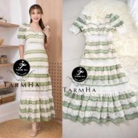 ราคา SALEเดรสขาวออกงาน S 6XL Maxi Dress เดรสลูกไม้สีขาวแขนพองแต่งกระดุมเพชร งานป้าย Tarm Ha (20378931745)