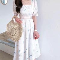 ราคา A So Cute รัดรูปคอปกสี่เหลี่ยมฝรั่งเศสชุดเดรสสดใสขนาดเล็กฝ้ายลินินปักลายดอกไม้แบบบาง (18791072694)