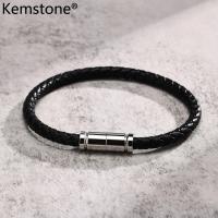 ราคา Kemstone กำไลข้อมือสแตนเลสสตีลผู้ชายกำไลหนังแท้สีดำเครื่องประดับเงินชุบ (21139645791)