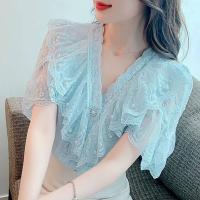 ราคา แฟชั่นฤดูร้อนแขนสั้นคอวีเสื้อลูกไม้ปักเสื้อชีฟองน่าระทึกใจ2022อารมณ์การออกแบบใหม่เสื้อชีฟองแขนสั้น (13843300647)