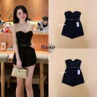 ราคา ? ? ? é จั้มสั้นเกาะอก ผ้าทวิตสีดำผ้ามีความวิ๊ง และมีเข็มขัด (21271584651)