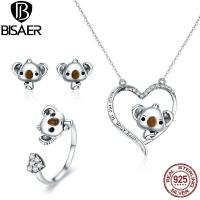 ราคา BISAER Real 925 Sterling Silver Jewelry Sets Koala Bear Mom Love Heart Necklace Rings Set Women Jewelry Set Silver 925 Jewelry (11772957964)