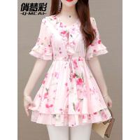 ราคา เสื้อเชิ้ตผ้าชีฟองลายดอกไม้เล็กๆสวยๆชุดฤดูร้อนสำหรับผู้หญิงเสื้อคอวีเสื้อยืดมีเชือกรูดแบบยาวปานกลางเสื้อตัวเล็กสไตล์ตะวันตกขอบหยักเก็บเอว (19925550551)