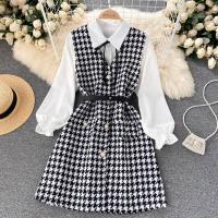 ราคา A365 Women New Fashion Autumn Long Sleeve Shirt Tops Single Breasted Sleeveless Houndstooth Vest Dress Two piece Sets (11971996625)