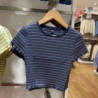 ราคา UNIQLO เสื้อยืดแขนสั้นสำหรับผู้หญิงขอบเห็ดลายทางคอตตอนเอวสูง Y458265 458291 (19700450123)