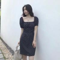 ราคา FASHIONJEANS ชุดเดรสกระโปรง คอกว้าง ชุดเดรสแขนปัดไหล่ เอวจั๊ม ชุดกระโปรงลายจุด สไตล์เกาหลี DS028 (12421973657)