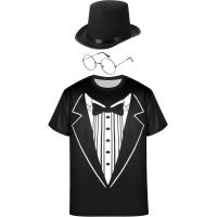 ราคา Tuxedo White Funny Mens T Shirt Classic Party Humor Vintage Shirt with Hats Black Top Hat and Metal Frame Glasses (19999281898)