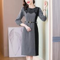 ราคา เดรสมิดิเอวสูงเข้ารูปแขน3 4คอกลมผ้าลูกไม้ลายตารางหมากรุกย้อนยุคสวยหรูแฟชั่นการแสดงผล (20525833262)