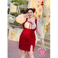 ราคา ฮ975 เดรสเอี๊ยมสั้นแขนยาวผ้าชีฟองสีแดงคริสต์มาส (21113658535)