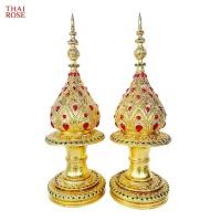 ราคา พานพุ่ม พานพุ่มไม้ พานพุ่มแกะสลัก แต่งเส้นปิดทอง ตกแต่งด้วยกระจกหลากสี สามารถใช้ในพิธีไหว้ครู ตกแต่งรีสอร์ท โรงแรม (20864041339)