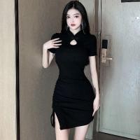 ราคา ชุดเดรสกี่เพ้าคอจีน เดรสตรุษจีนสีแดง เดรสผ้าฝ้าย คอปกสไตล์จีนแขนสั้น ชุดงานปีใหม่เดรสจีน (16389031330)
