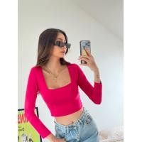 ราคา เสื้อครอปคอเหลี่ยมแขนยาว ผ้าเรย่อน เสื้อครอปรัดรูป เสื้อมีสีนีออน (19325209951)