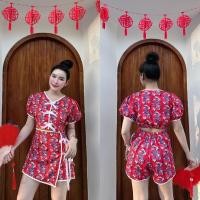 ราคา พร้อมส่ง ชุดเซตผ้าครัชพิมพ์ลายมังกร เสื้อแต่งโบว์ กางเกงกระโปรงป้ายหน้าผูกโบว์ข้าง ชั้น2 A2614 (21280894080)