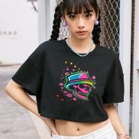ราคา Trendique เสื้อครอป สำหรับผู้หญิงสำหรับผู้หญิงแบบปกติคอกลมพิมพ์ลายหัวกะโหลก เสื้อเอวลอย เสื้อy2k เสื้อเอวลอย ผญ สีดำ (21148749814)