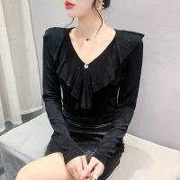 ราคา YIMEI เสื้อเต้นรำลายใบไม้มีระบายแฟชั่นเสื้อผ้าผู้หญิงขนาดใหญ่เสื้อรัดรูปสีดำด้านล่างสวยและเสื้อยืดแวววาวเข้ารูปสวยงาม (20821442449)