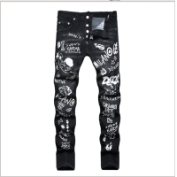 ราคา DSQUARED2ยี่ห้อบุรุษกางเกงยีนส์แฟชั่นสบายๆบาง D2กราฟฟิตีพิมพ์ยืดฉีกกางเกงยีนส์ถนนฮิปฮอปสีดำกางเกงยีนส์บาดเจ็บ (18463945486)