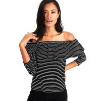 ราคา American Eagle เสื้อยืดเปิดไหล่ผู้หญิง OFF THE SHOULDER STRIPE สี BLACK 037 5450 001 (20699699296)