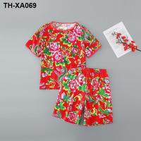 ราคา ภาคตะวันออกเฉียงเหนือดอกไม้ใหญ่ผ้าแฟชั่นส่วนบางของผู้หญิงเสื้อยืดกางเกงขาสั้นชุดกีฬาฤดูร้อนหลวมแขนสั้นด้านบนกางเกงลำลองน้ำ (19991715075)