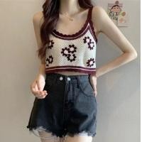 ราคา เสื้อสายเดี่ยวถักไหมพรมดอกไม้ เสื้อครอปปักลายดอกสไตล์เกาหลีสำหรับผู้หญิง (20051657040)