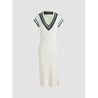 ราคา Cider Knit V neck Striped Contrasting Binding Split Shorts Sleeve Midi Dress (20570218406)