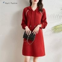 ราคา HuaX Women Hooded Sweatshirt Dress Fashion Clothing Long Sleeves Loose Drawstring Lightweight Pullover Hoodie Dress (16796602368)