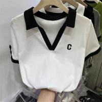 ราคา Stock Korean Style Womens Slim Letter Embroidered Polo Neck Short Sleeve Knit Top for woman Popular (20864776049)