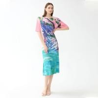 ราคา 6175 One size 45 75kg Summer and Autumn Womens Painted Pleated Slim Fit Round Neck 3 4 Sleeve A line Dress (20445704971)