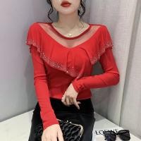 ราคา YIMEI เสื้อเชิ๊ตตาข่ายแขนยาวสีแดงสำหรับผู้หญิงเสื้อเชิ๊ตแฟชั่นคอโพรงกลมหลากหลายใหม่ฤดูใบไม้ร่วง2022 (19701418518)